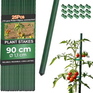 식물 지지대 90cm – 25개 세트 (기둥 15개 및 커넥터 10개 포함) | 직경 11mm 강철 + 플라스틱 | 꽃, 허브, 식물, 모종용 녹색 격자망 | 소형 식물 지지대 | 금속 격자망 | 지지 봉 | 식물 서撑