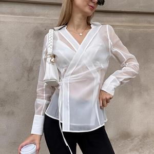 여성용 엘레강스 통근용 시스루 메쉬 긴소매 가르__[