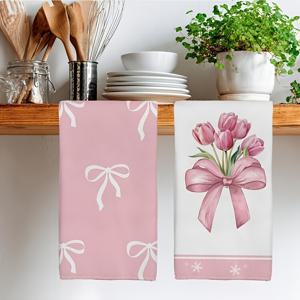 핑크 리본 튤립 플로럴 패턴 프린트 주방 타월, 이웃 선물, 엄마 선물, 생일 선물, 친구들을 위한 사랑스러운 집들이 선물, 주방 용품, 장식품, 일상 필수품, 필수 가정용품