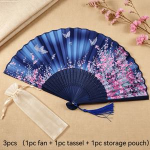 3개 세트 (팬 1개, 태슬 1개, 보관 가방 1개), 속이 빈 팬 뼈 일본 스타일 벚꽃 나비 접이식 손수건 여름 휴대용 손잡이 태슬 팬 댄스 공연 소품, 여름 야외 쿨링