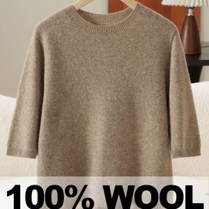 여성용 라운드넥 카멜색 반팔 스웨터, 100% 풀오버, 심플하고 스타일리시한 디자인, 가볍고 편안한 착용감, 캐주얼 복장에 적합