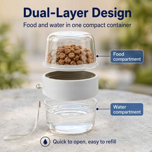 2-In-1 휴대용 애완동물 사료 및 물통, 150ml x 2단 여행용 애완동물 급식 컵 (손잡이 포함), 투명 사료 보관 용기 및 물컵, 고양이, 소형견, 강아지, 데일리 워크, 공원 나들이 및 훈련용 간식에 적합