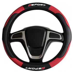 1개 차량 핸들 커버, PU 및 카본 파이버 인조 가죽 소재, 스포츠 로고, 15인치 핸들에 적합, 내부 링 미포함, 간편한 설치, 사계절용