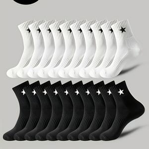 혼합 색상 - 남녀 공용 블랙 앤 화이트 별 무늬 양말 10켤레, 개별 간편한 운동용 미드 카프 롱 삭스, 커플 스트리트 올매치 트렌디 양말 (집/외용)
