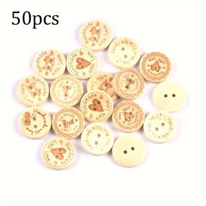 50개 2Cm 천연 나무 색상 사랑 나무 버튼 랜덤 하트 벌 패턴 원형 2홀 나무 버튼 수제 재봉 의류 공예 장식 재료