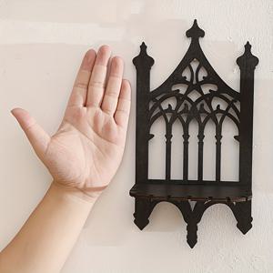 1개 빈티지 우드 고딕 스타일 울타리 모양 벽걸이 선반, 간편하고 분위기 있는 홈 레지던트 호스텔 침실 장식에 적합, 블랙 속이 빈 문 창문 패턴 패치워크 디자인, 거실, 커피숍에 매우 적합