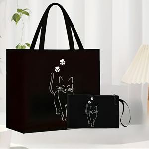 VMI 특수 주문 887 고양이 프린트 2개 핸드백 세트, 가벼운 Burlap 쇼핑백 (메이크업 파우치 포함), 휴대용 여행용 비치 백
