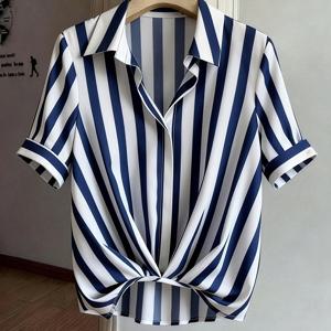 Women's Navy Blue Blouse Shirt - Short Sleeve Loose Fit Striped Collar Blouse with Gathered Waist, Non-Stretch Machine Washable Suitable for Work, Casual & Semi-Formal Wear, Spring Summer Fall Outfits