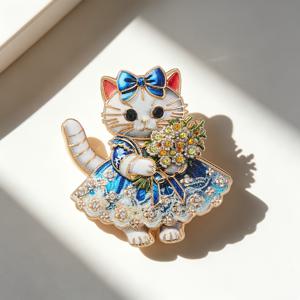1개 라인스톤 레이스 드레스 부케 고양이 에나멜 브로치, 빈티지 롬란드 라이트 럭셔리 스타일, 데님 재킷/스웨터/코트/백팩/모자에 적합, 학생 및 고양이 애호가의 데일리룩에 이상적, 절친/여자친구를 위한 니치 생일 선물