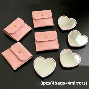 8개/세트, 거울 4개와 가방 4개 포함, 하트 모양 메이크업 거울 (화장품 가방 포함), 핑크 유리 메이크업 거울 (정교한 매칭 화장품 가방 포함), 여행, 홈 데코, 선물용으로 적합