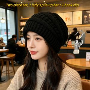 2개 세트 = 여성용 폼폼 모자 및 후크 클립, 가을/겨울 여성용 폼폼 모자, 넓은 머리둘레, 두꺼운 보온, 넓은 머리둘레 머리 덮개 모자