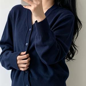 네이비 블루 긴소매 가디건, 한국 스타일 단색 가디건 코트, 일본 스타일 경량 긴소매 스웨터 코트, V넥 가디건 코트
