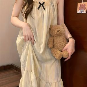 여성용 봄/여름 얇은 주름 소재 민소매 나이트가운 (패드 브라 포함) 홈 슬립웨어