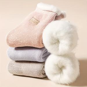 가을 겨울용 여성용 안감 두꺼운 보온 코랄 양말 3켤레 - 겨울 캐주얼 솔리드 컬러 스노우 양말