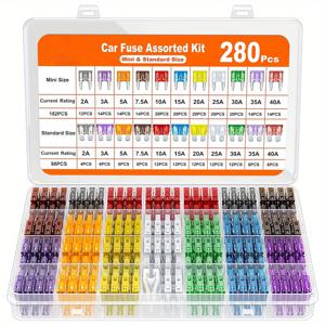 UMLIFE 280개 퓨즈 키트, 182 미니 자동차 퓨즈 세트 + 98 스탠다드 블레이드 퓨즈, 차량 RV 트럭 액세서리용 교체품 (2A 3A 5A 7.5A 10A 15A 20A 25A 30A 40AMP)