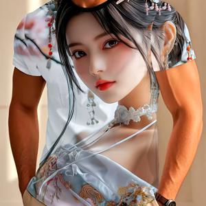 남성 여름 전면 디지털 프린트 티셔츠 - Made Of, 레귤러 핏 성인 반팔 크루넥 탑, 트렌디 스트리트 스타일