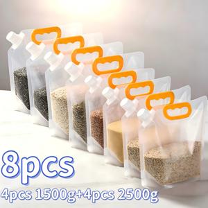 8개 세트 U-자형 곡물 보관 백 (1500G 및 2500G 용량), 플립형 밀봉 디자인, 플라스틱 재질, 냉장고, 서랍장, 공간 효율화, 보존 기능, 주방 건조품 보관에 적합