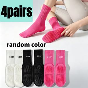 여성용 미끄럼 방지 압박 요가 양말 4켤레 - 단색 중목, , 발레댄스, 헬스장 및 피트니스에 적합, 무작위 색상의 운동용 긴 스타킹, 사무실 출퇴근용 대학생 스타일, 손세탁 가능