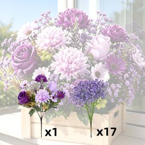 18개 조화 부케, 고급스러운 보라색 꽃 (장미, 데이지, 모란, 'S Breath 포함), UV 저항, 사실적인 촉감, 실물과 같은 혼합 조화, 가정 장식, 결혼식, 브라이덜 데코, 욕실에 적합