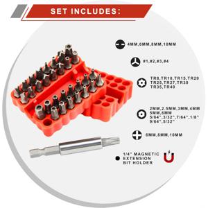 1/4인치 육각 샹크 비트가 포함된 스크루드라이버 비트 세트, Torx, 헥스, 트라이윙, 스타, 렌치와 같은 변조 방지 타입 포함. Torx 보안 스크루드라이버 세트에 적합하며, 고경도 임팩트 드라이버 비트와 빨간색 렌치가 특징