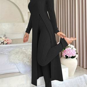 여성용 리브드 긴팔 탑과 팬츠 투피스 세트