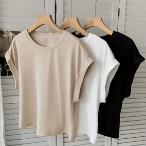 3pcs 세트 여성용 라운드넥 우아한 반팔 상의 화이트 / 라이트 카키 / 블랙 멀티컬러 루즈핏 및 기본적인 다용도 스프링/여름 신상 스타일 데일리 외출/통근복 착용 세탁기 사용 가능 피부 친화적 원단, 편안함, 스타일에 구애되지 않음