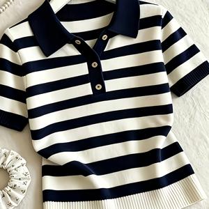 Women's Retro Striped Lapel Short-Sleeve Shirt - Tummy Control Tummy Control Top with Contrast Collar, Medium Elastic Suitable for Summer, Non- Tummy Smoothing for Casual & Wear