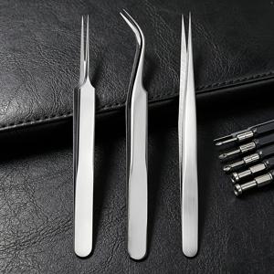 스테인리스 스틸 극세필 전자제품 수리 핀셋, 시계, 휴대폰, 이어폰 수리용, 초극세 팁 핀셋 세트, 전용 보관 케이스 포함 금속 부품 집게 핀셋 세트