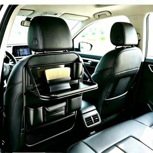 고급 블랙 시트 테이블 + 차량 에어컨 청소 브러쉬, 차량 뒷좌석 트렁크 수납 가방, SUV 시트 등받이 수납, 차량 시트 등받이 걸이 가방, 티슈 수납/휴대폰 수납 가방/태블릿 테이블/보온병 컵 가방 포함 킥 매트