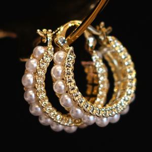 여성용 빈티지 인레이 모조 진주 꼬임 후프 귀걸이, 연회 파티 휴일 데일리 우아한 골드 꼬임 후프 귀걸이 주얼리 선물