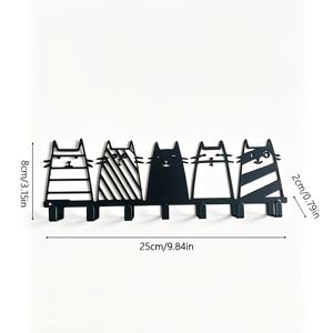 만화 고양이 5마리 벽걸이 키 홀더, 블랙 아이언 7구 후크 장식 현관 수납 랙