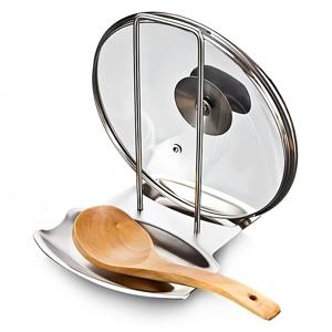 스테인리스 스틸 냄비 뚜껑 홀더 1개, 이중 수납공간 물기 받이 트레이 포함, 다용도 조리대용 스푼 받침대 랙, 분리형 주방 기구 정리대, 냄비 뚜껑, 뒤집개, 국자, 요리용 스푼용, 주방 조리대를 깨끗하게 유지