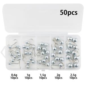 50개/박스 믹스팩 락피싱 아연 합금 지그헤드 후크, 사이즈 8 스몰 훅, 0.6g, 1g, 1.5g, 2g, 2.5g 소형 롱샹크 낚시바늘 선택 가능. 연장형 파인 바브 플라이 낚시 및 얼음 낚시용 훅, 텍사스 릴 소프트 베이트 소형 낚시바늘용으로 적합