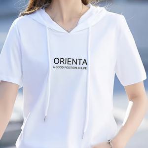 여름 신상 한국식 루즈핏 반팔 얇은 트렌디 프린팅 후드 티셔츠 캐주얼 드로스트링 루즈핏 반팔 셔츠 여성용 레귤러