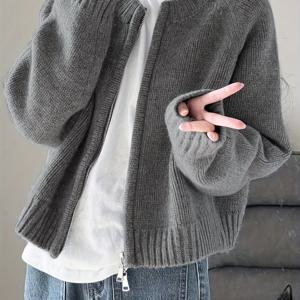 DJ0520024 느낌 지퍼 가디건 스웨터 여성용 페티트 숏 기장 가을 겨울 신상 두꺼운 라운드넥 탑 코트