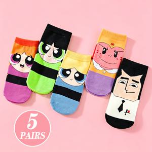 5켤레 여성 양말 귀여운 만화 재미있는 워너 브라더스 협력 파워퍼프 시리즈 개별 숏 양말 흡습성 봄 여름 스타일