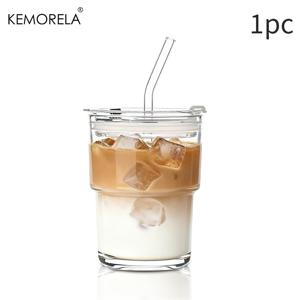 KEMORELA 380/600ml 스무드 유리 텀블러 (뚜껑 & 빨대 포함) - 1개 또는 2개 팩 | 스무디, 커피 & 마초용 두꺼운 내구성 음료 컵 | 뚜껑형 여행용 텀블러 / 아이스 커피 컵