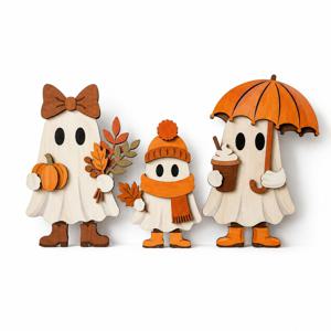3개 귀여운 가을 유령 나무 탁상 간판, 호박 메이플 라떼 우산이 있는 레이어드 나무 유령 가족, 농가 스타일 가을 레이어드 트레이 장식 추수감사절 테이블 센터피스