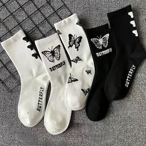 여성용 블랙 앤 화이트 나비 타이 하이 삭스 5켤레