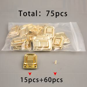 황금색 사각형 걸쇠 15세트 + 2x8 황금색 나사 60개, 총 75개. 나무 상자용 걸쇠, 미니 상자 걸쇠, 스냅 버클, 보석함, 나무 상자, 보관함용 걸쇠, 하드웨어 액세서리 및 나사 포함