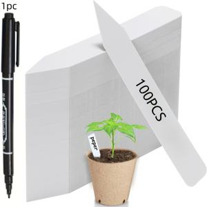 100개 2Cm X 10Cm 플라스틱 식물 라벨 (검정 마커 1개 포함), 화분 식물, 허브, 채소, 꽃, 온실 및 농장 식별에 적합