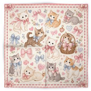 핑크 화이트 고양이 리본 보나 반다나 스카프 - 빈티지 카와이 졸업식용 - 귀여운 아기 고양이 프린트 헤드랩 페이스 스카프, 남녀공용 동물 헤어용