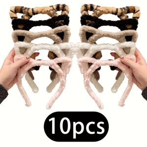 10개 프린트 플러시 고양이 귀 머리띠 - 귀여운 레트로 스타일 여성 헤어 액세서리, 메이크업, 세안 및 야외 활동에 적합