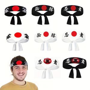 8개 세트 닌자 머리띠, 스시 셰프용 반다나, 카라테, 스포츠 및 주방 요리용 묶은 의상 머리 장식 (드래곤, 캐릭터)