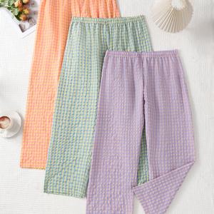 3pcs 세트 여성용 기본 캔디 컬러 프레쉬 멀티 컬러 체크 무늬 와이드 레그 롱 팬츠, 올 시즌 부드럽고 편안한 홈 슬립웨어