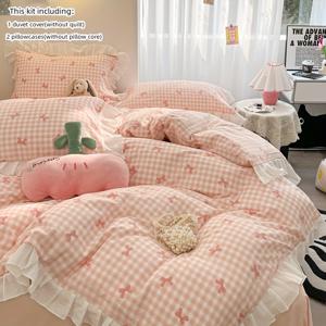 3pcs 체크무늬 리본 프린트 침구 세트, 레이스 이불 커버 세트, 이불 커버 1개와 베개 커버 2개 포함(속통 미포함), 이불 커버는 간편한 탈부착과 세탁을 위한 지퍼 기능, 편안하고 부드러운 원단, 사계절용