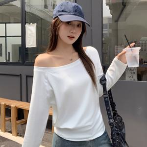 화이트 루즈 오프숄더 원넥 긴팔 티셔츠 여성용 베이스 탑