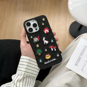 데님 자수 별, 집, 강아지, 버섯, 작은 나무 케이스, Apple Pro 3 케이스/ Pro 2 케이스/ 4 케이스/ 3 케이스/ 2 케이스와 호환/패셔너블한 여성용 이어폰 케이스/ 이어폰 케이스