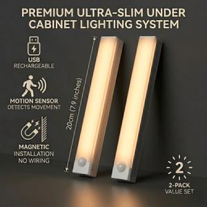 2pcs Modern LED Motion Sensor Strip Lights USB Rechargeable Magnetic Wall Lights Suitable for Hallway, Indoor Dark Corners, with Warm/Cool (No), Corded for Gifts, No-Drill Installation