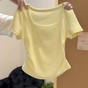 여성 패션 슬림핏 티셔츠, 스퀘어넥 다용도 허리 집는 플리츠 디자인 반팔, 여성 탄성 베이직 캐주얼 베이스 셔츠 탑